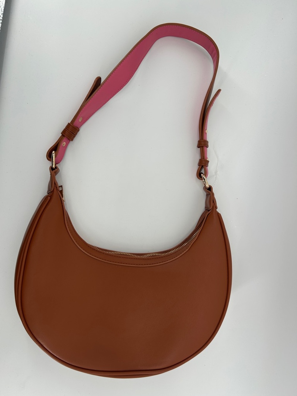 Shiraleah Women's Crescent Shoulder Bag in Brown with Pink Strap